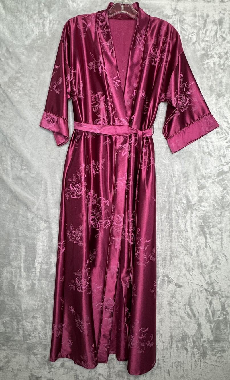 Vintage Texsheen Robe Womens M Pink Floral Satin Kimono Dressing Gown Pockets